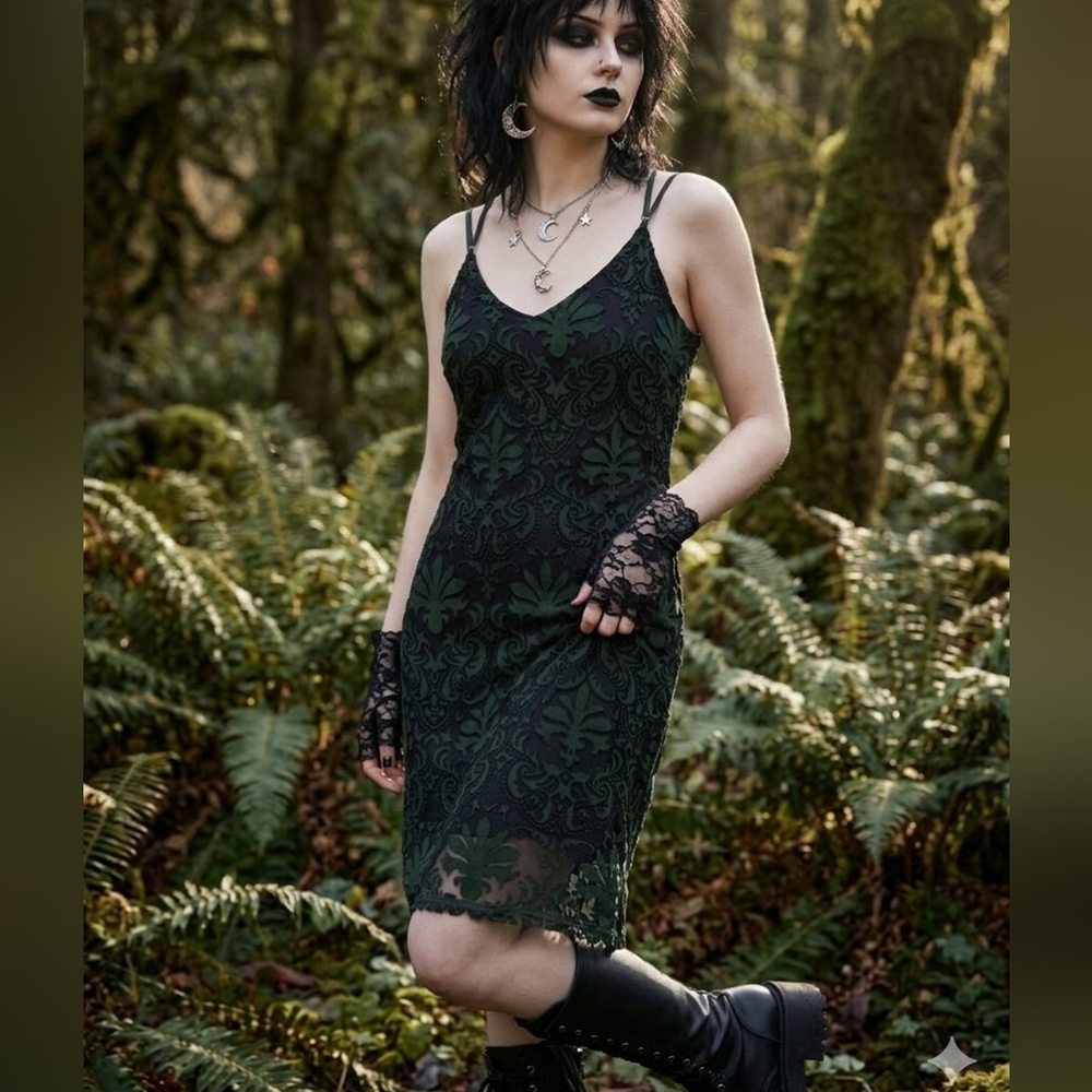 Dex Emerald Green+Black Damask Mesh Mini Dress Sz S Whimsigoth